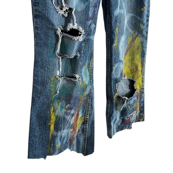 Old Navy Denim Distressed Painting Stretch Bootcut Jeans Blue Size 14 Short - Picture 5 of 8